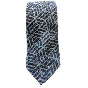 Vintage Karen Bulow Canadian Handwoven Wool Neck Tie Blue Geometric Print